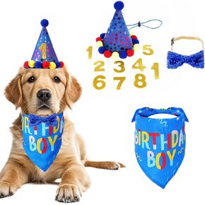 Dog Birthday Party Bandana Hat Set Dog Birthday Bandana Scarf Dog Birthday Hat Dog Bowtie Number for Dog Pet Birthday Party Supplies for Small Dogs Pets (Blue)