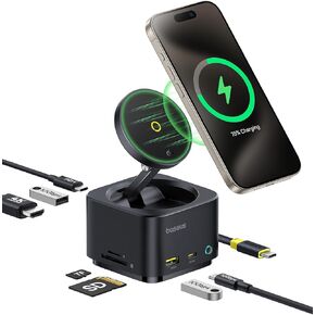 Baseus Magnetic Docking Station, 7-in-1 15W Wireless Charger for Magsafe, USB C Docking Station with 4K@60Hz HDMI, 100W PD, 10Gbps USB, SD Card Reader Compatible with iPhone 16/15/Mac/Dell/HP/Surface