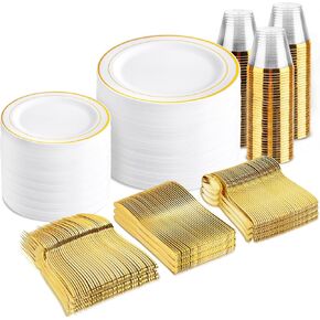 BUCLA 350PCS Gold Plastic Dinnerware Set - Gold Plastic Plates Disposable for 50 Guests Include 50 Dinner Plates,50 Dessert Plates,50 Forks,50 Knives,50 Spoons,50 Cups&50 Napkins for Party