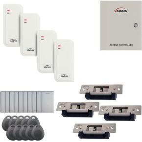 Visionis VIS-6570 Four Door Access Control for 4 Doors TCP/IP RS485 Wiegand Electric Strike Fail Safe Fail Secure Controller Box White Outdoor Reader Software EM TK4100 Card Compatible 10000 User Kit