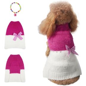Dog Sweaters, Dog Sweater Dresses for Small Dog, Dog Knit Sweater with Colored Dot and Blue-Green Bow Clips, Winter Outfit for Dog Girl,Thick Doggie Knitwear Clothes, Pet Apparel (Red, S)