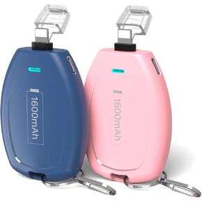 Keychain Portable Charger for iPhone(2-Pack ), 1600mAh Mini Power Emergency Pod Ultra-Compact External Power Bank Battery Pack, Key Ring Cell Phone Charger for iPhone 8 11 12 14 Airpods-Blue&Pink