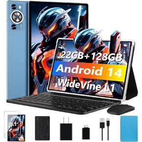 Android 14 Tablet 10.1 Inch 8000mAh Battery Tablets with 22GB RAM 128GB ROM 1TB Expand, Octa-Core HD Touchscreen Tablet with Keyboard, Mouse, Support Widevine L1, Split-Screen - Blue