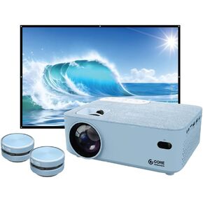 Core Innovations Home Theater Bundle with Projector, 120" Screen, and Two Mini Bluetooth Wireless Bone Conduction Instant Speakers, Sea Blue