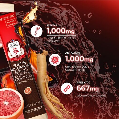 JungKwanJang Ginseng Everytime Extract Stick - Caffeine-Free Energy Supplements, Korean Red Ginseng 2000mg, Brain Support and Natural Energy Booster for Men & Women, 60 Count in Saudi Arabia