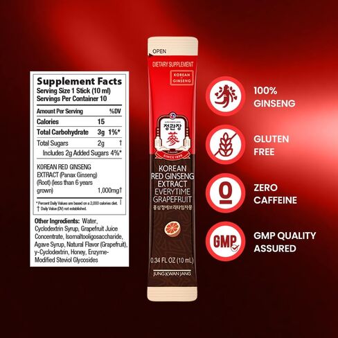 JungKwanJang Ginseng Everytime Extract Stick - Caffeine-Free Energy Supplements, Korean Red Ginseng 2000mg, Brain Support and Natural Energy Booster for Men & Women, 60 Count in Saudi Arabia