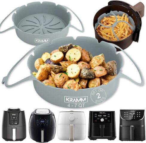 KRAMM Air Fryer Silicone Liners by Jantastic Finds - Reusable Air Fryer Liner Fits 4-7 qt Air Fryers - Unique Design with 2 Long Handles that Clips Together, (Grey, Set of 2) in Saudi Arabia