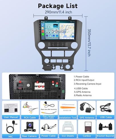 8Core 4+64G Car Stereo for Ford Mustang 2015-2020 Wireless Carplay Android Auto,9" 1280*720P IPS Touch Screen Radio,Android13/GPS/WiFi/32EQ DSP/59UI/Bluetooth5.0/SWC/Backup Camera(Adapts to 3 Buttons) in Saudi Arabia