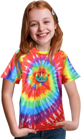 70s Outfits Boys 4Pcs Hippie Costume Accessories Kids Colorful Dye tshirt for Theme Party 60s 70s for 4-12 years in Saudi Arabia