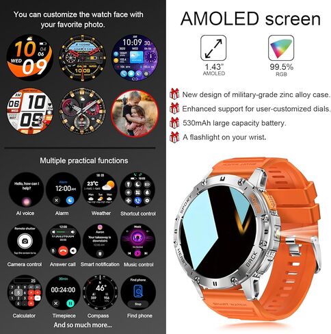 Military Smart Watch for Men with Flashlight, 170+ Sport Modes 1.43" AMOLED Screen, 530mAh Answer/Make Calls, Bluetooth for Android Phones and iPhone Compatible Pedometer (Black) in Kuwait