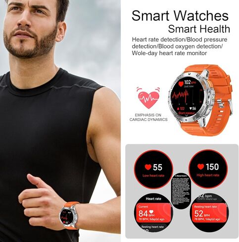 Military Smart Watch for Men with Flashlight, 170+ Sport Modes 1.43" AMOLED Screen, 530mAh Answer/Make Calls, Bluetooth for Android Phones and iPhone Compatible Pedometer (Black) in Kuwait