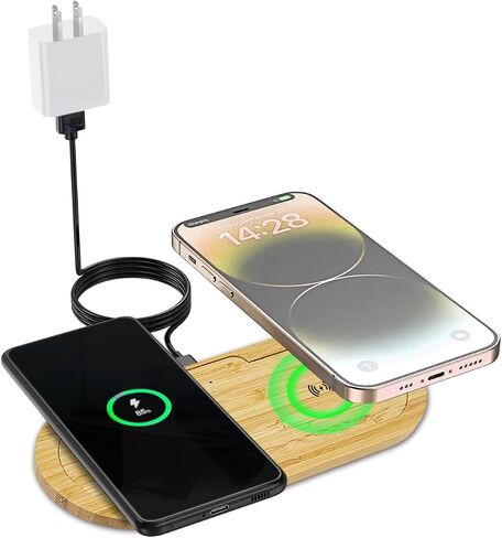Wooden Wireless Charger, Dual 10W Fast Charging, Qi-Certified for iPhone 15/Plus/Pro Max/14/13/12/11/X/Samsung S23/S22/S21/S20/Note 10/Edge Note 20Ultra/S10/AirPods (Adapter Include) in Saudi Arabia