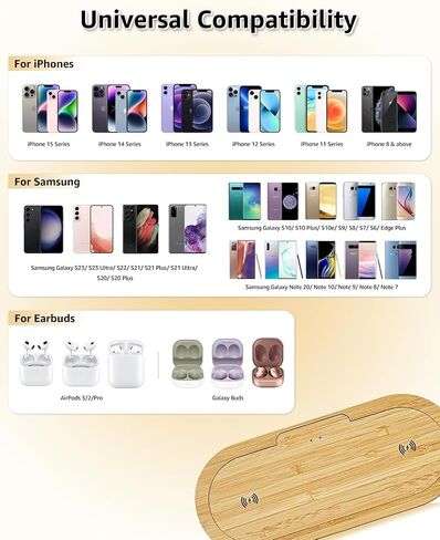 Wooden Wireless Charger, Dual 10W Fast Charging, Qi-Certified for iPhone 15/Plus/Pro Max/14/13/12/11/X/Samsung S23/S22/S21/S20/Note 10/Edge Note 20Ultra/S10/AirPods (Adapter Include) in Saudi Arabia