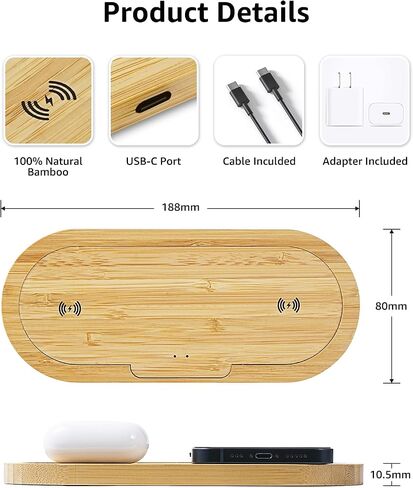 Wooden Wireless Charger, Dual 10W Fast Charging, Qi-Certified for iPhone 15/Plus/Pro Max/14/13/12/11/X/Samsung S23/S22/S21/S20/Note 10/Edge Note 20Ultra/S10/AirPods (Adapter Include) in Saudi Arabia
