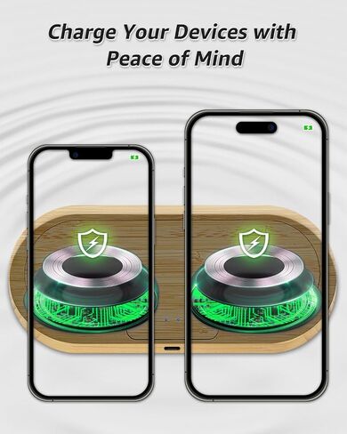 Wooden Wireless Charger, Dual 10W Fast Charging, Qi-Certified for iPhone 15/Plus/Pro Max/14/13/12/11/X/Samsung S23/S22/S21/S20/Note 10/Edge Note 20Ultra/S10/AirPods (Adapter Include) in Saudi Arabia