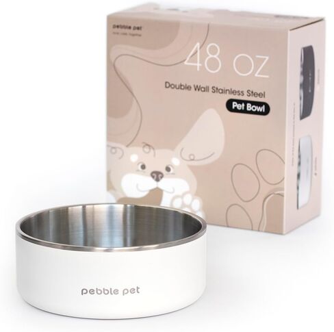 Dog Bowl with Non-Slip Base, Metal Insulated Stainless Steel Dog Bowl for Small Medium Large Dogs, Durable, Dishwasher Safe, Food and Water Bowl, BPA Free, Dog Gift (48 oz, White) in Saudi Arabia
