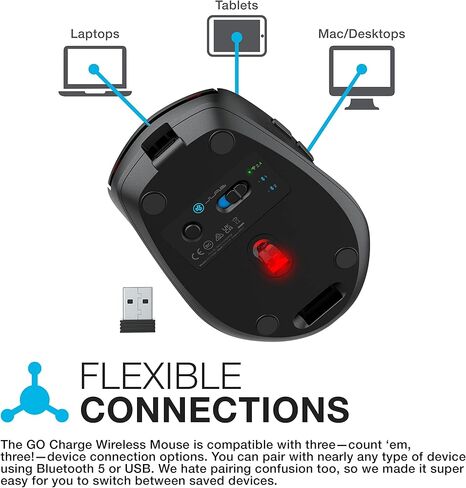 ماوس JLab GO للشحن اللاسلكي، الاتصال عبر بلوتوث أو دونجل USB لاسلكي، تبديل الأجهزة المتعددة، محمول، صغير للغاية وخفيف الوزن للعمل أثناء التنقل، تتبع قابل للتعديل، (عبوة واحدة) in Kuwait