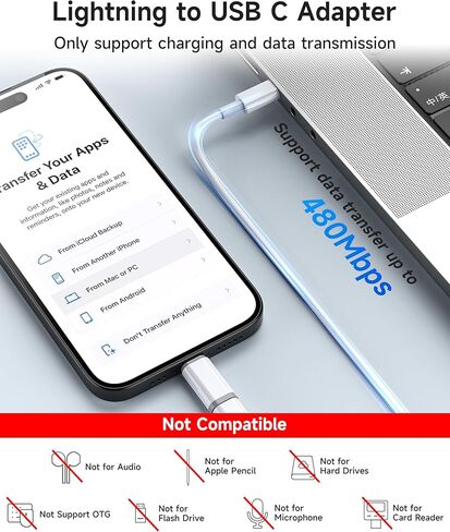 ZOOAUX 2 Pack Lightning إلى USB C محول لـ iPhone 16/16 Pro/16 Pro Max/16 Plus/15/15 Pro/15 Pro Max/15 Plus، Samsung، iPad Air، يدعم الشحن السريع ونقل البيانات، وليس لسماعات الرأس/ الصوت/وتغ in Kuwait