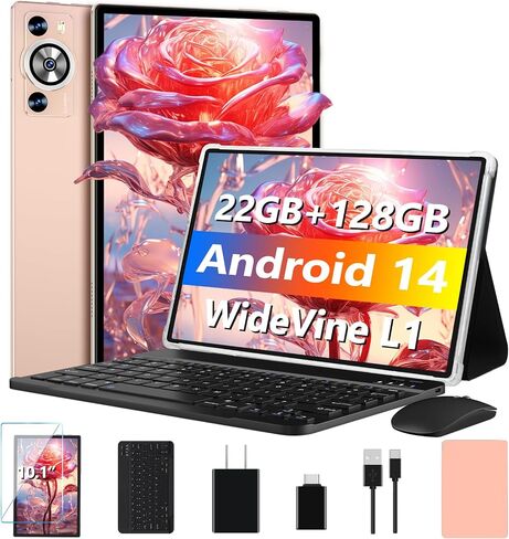 Android 14 Tablet 10.1 Inch 8000mAh Battery Tablets with 22GB RAM 128GB ROM 1TB Expand, Octa-Core HD Touchscreen Tablet with Keyboard, Mouse, Support Widevine L1, Split-Screen - Blue in Saudi Arabia