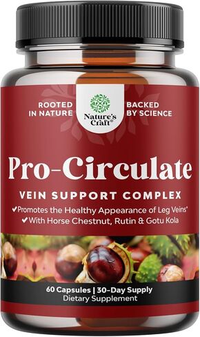 مكملات دعم الأوردة للساق والأوردة - مكمل للدورة الدموية لكامل الجسم للعروق العنكبوتية والدوالي وتحسين التدفق مع مستخلص كستناء الحصان والفلافونويد - قبعات نباتية صغيرة غير معدلة وراثيًا (شهر واحد) in Kuwait