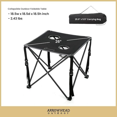 ARROWHEAD OUTDOOR 26" Heavy-Duty Portable Folding Table, 2 Cup Holders, No Sag Surface, Compact, Square, Carrying Case, Steel Frame, High-Grade 600D Canvas in Saudi Arabia