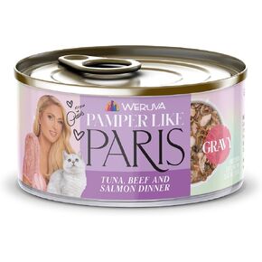 Weruva Paris Hilton Pamper Like Paris Natural Grain Free Wet Cat Food, Tuna, Beef, and Salmon in Gravy, 2.47oz Can (Pack of 12)