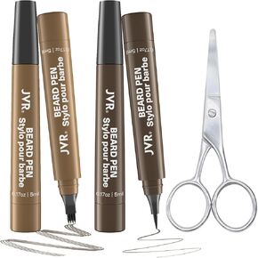 Beard Pencil Filler for Men (2 PCS), Beard Pen Kit with Beard Scissor, Dark Grey 4-Tip & Black1-Tip, Waterproof Sweat Proof Long Lasting Beard Filling Pen Kit , Barber Styling Pen Natural Finish Define Your Beard