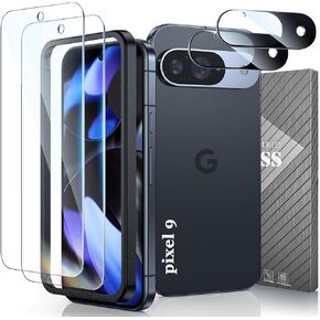 2 Pack Screen Protector for Google Pixel 9 + 2 Pack Camera Lens Protector with Installation Frame, Case Friendly HD Ultra-thin, 9H Hardness Clear Tempered Glass Film, Scratch Resistant