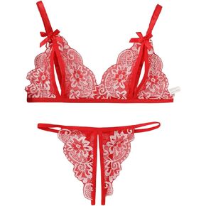 SweatyRocks Women's Floral Lace 2 Piece Spaghetti Strap Triangle Bra with Thongs Lingerie Set