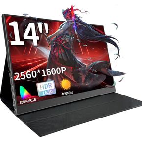 14 inch Portable Monitor, 2.5K 2560 * 1600p 400cd/m²Portable Monitor for Laptop, with IPS 100% sRGB Laptop Screen Extender Travel Monitor HDMI USB Type-C for Mac Pc Phone Xbox