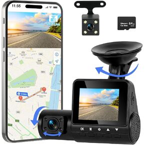 Dash Cam, 1080P Full HD Dash Camera for Cars, 3 Channel Dash Cam with 64GB SD Card, IR Night Vision, HDR, G-Sensor, 24Hr Parking, Front Rear Dash Cam Loop Recording