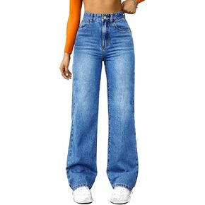 Straight Leg Jeans for Women,High Waisted Wide Leg Loose Microelastic Boyfriend Denim Pants Blue