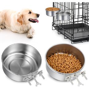 2 Pcs Dog Crate Water Bowl Stainless Steel Kennel Bowls Bulk Hanging Cage Dog Bowls with Clamp Holder Non Spill Pet Food Bowl Metal Feeder for Cat Dog Bird (6.3 x 2.36 Inch)