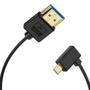 1ft Micro HDMI to HDMI Silicone Cable, OD 3.8mm Ultra Thin HDMI 2.1 Cord, Left Angle Micro HDMI Male to Straight HDMI Male 48Gbps Ultra High Speed Cable, 10K@96Hz, 8K@60Hz, Dynamic HDR