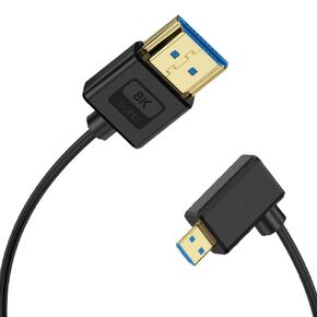 1ft Micro HDMI to HDMI Silicone Cable, OD 3.8mm Ultra Thin HDMI 2.1 Cord, Left Angle Micro HDMI Male to Straight HDMI Male 48Gbps Ultra High Speed Cable, 10K@96Hz, 8K@60Hz, Dynamic HDR