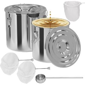 2 Pcs Fryer Grease Bucket, 6 Gal 8 Gal Oil Disposal Caddy with Leakproof Lid and Lock Clip, Steel Fryer Oil Bucket with Nylon Strainer Bags and Oil Spoon, Grease Transport Container for Oil Filtering