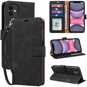 for iPhone 11 Case Wallet,4 Card Slots Holder [RFID Blocking] Soft PU Leather Cover,Wrist Strap,Shockproof Protective Stand Magnetic Flip Cases for iPhone 11 (Black)