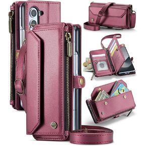 for Samsung Galaxy Z Fold 6 Case, Women Men Multi-Function Wallet Case with Stand RFID Blocking Featuring Magnetic Closure Zipper S Pen Holder Includes Shoulder Strap Wrist Strap (Black)