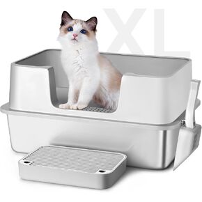 صندوق فضلات القطط من الفولاذ المقاوم للصدأ مع غطاء، صندوق فضلات معدني مغلق بجوانب عالية، صندوق فضلات القطط كبير جدًا مقاس XL مع دواسة فلتر وفرشاة تنظيف مغرفة، سهل التنظيف، مضاد للتسرب، غير لزج in Kuwait