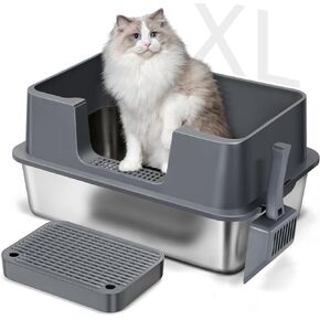 Stainless Steel Cat Litter Box with Lid, High Sides Metal Litter Box Enclosed, XL Extra Large Cat Litter Box with Filter Pedal and Scoop Cleaning Brush, Easy Cleaning, Anti Leakage, Non-Sticky
