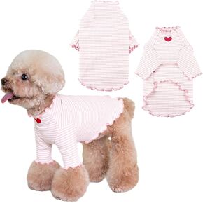 Dog Shirt for Small Medium Dogs Striped T-Shirt with Heart Embroidery Stretchable Ruffle Dog Clothes for Chihuahua Schnauzer Yorkie Shih Tzu (White, Large)