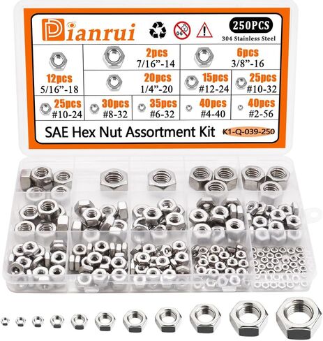 Dianrui 310PCS SEA Hex Nuts Assortment Kit with Flat Washers, 10 Size Hexnut and Flat Washer Set Hardware Hex nut #4-40,#6-32,#8-32,#10-24,#10-32,#12-24,1/4''-20,5/16''-18, 3/8''-16,1/2''-13 in Saudi Arabia