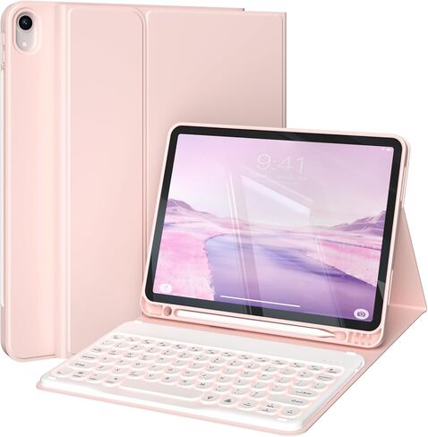 حافظة لجهاز iPad الجيل العاشر مع لوحة مفاتيح (إصدار 10.9 بوصة 2022) - غطاء لوحة مفاتيح قابل للطي بإضاءة خلفية لاسلكية بـ 7 ألوان مع حامل أقلام لجهاز iPad الجيل العاشر، وردي in Kuwait