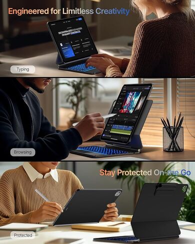 لوحة مفاتيح Typecase Edge مع حافظة حماية نحيفة للغاية لجهاز iPad Pro 2024 مقاس 13 بوصة (M4)، لوحة تتبع مدمجة، إضاءة خلفية 11 لونًا، حافظة لوحة مفاتيح مع حامل أقلام، أسود in Kuwait
