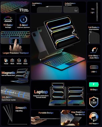 لوحة مفاتيح Typecase Edge مع حافظة حماية نحيفة للغاية لجهاز iPad Pro 2024 مقاس 13 بوصة (M4)، لوحة تتبع مدمجة، إضاءة خلفية 11 لونًا، حافظة لوحة مفاتيح مع حامل أقلام، أسود in Kuwait