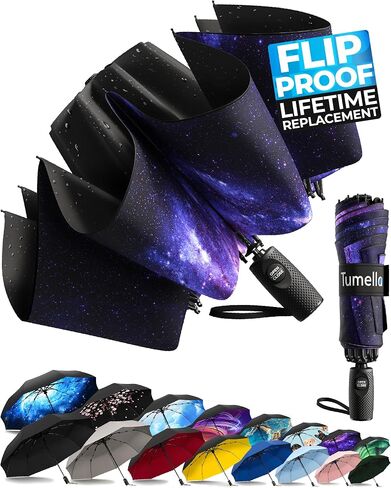 TUMELLA Strongest Windproof Reversed Travel Umbrella, Small Strong but Light Portable and Automatic Folding Rain Umbrella, Durable Premium Grip, Fits Car & Backpack in Saudi Arabia