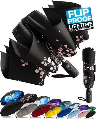 TUMELLA Strongest Windproof Reversed Travel Umbrella, Small Strong but Light Portable and Automatic Folding Rain Umbrella, Durable Premium Grip, Fits Car & Backpack in Kuwait