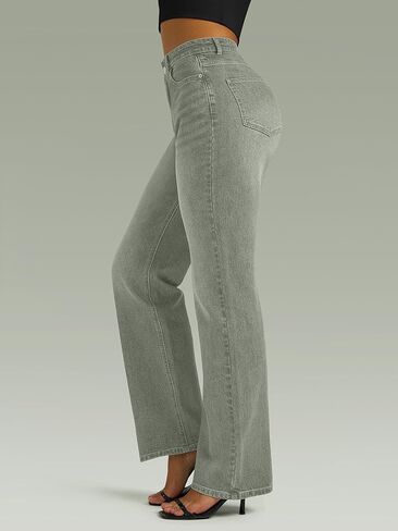 جينز بساق مستقيمة للنساء، سروال دينم واسع الخصر وواسع وفضفاض من قماش الدنيم باللون الأزرق in Kuwait