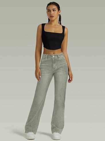 جينز بساق مستقيمة للنساء، سروال دينم واسع الخصر وواسع وفضفاض من قماش الدنيم باللون الأزرق in Kuwait