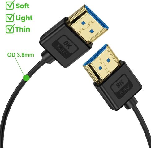 كابل مايكرو HDMI إلى HDMI من السيليكون بطول 1 قدم، سلك HDMI 2.1 رفيع للغاية OD 3.8 مم، زاوية يسار مايكرو HDMI ذكر إلى HDMI ذكر مستقيم 48 جيجابت في الثانية كابل فائق السرعة، 10K@96هرتز، 8K@60هرتز، HDR ديناميكي in Kuwait